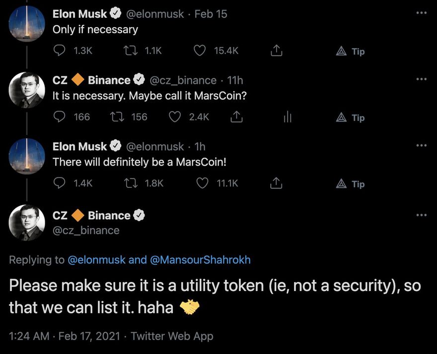 CZ 与 Elon Musk 于 2021 年 2 月讨论 MarsCoin